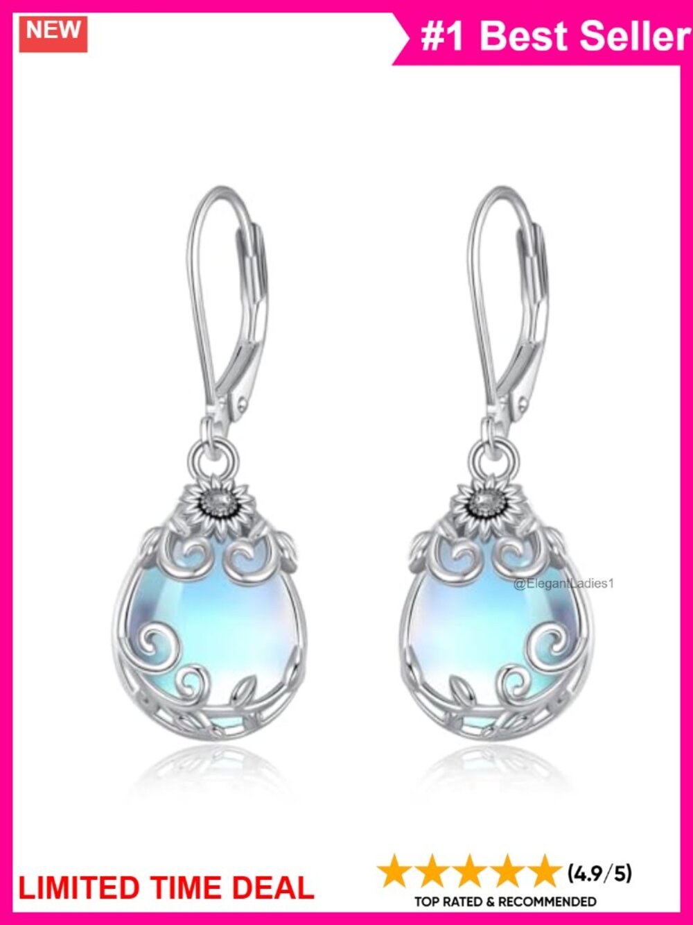 925 Sterling Silver Moonstone Sunflower Leverback Dangle Earrings